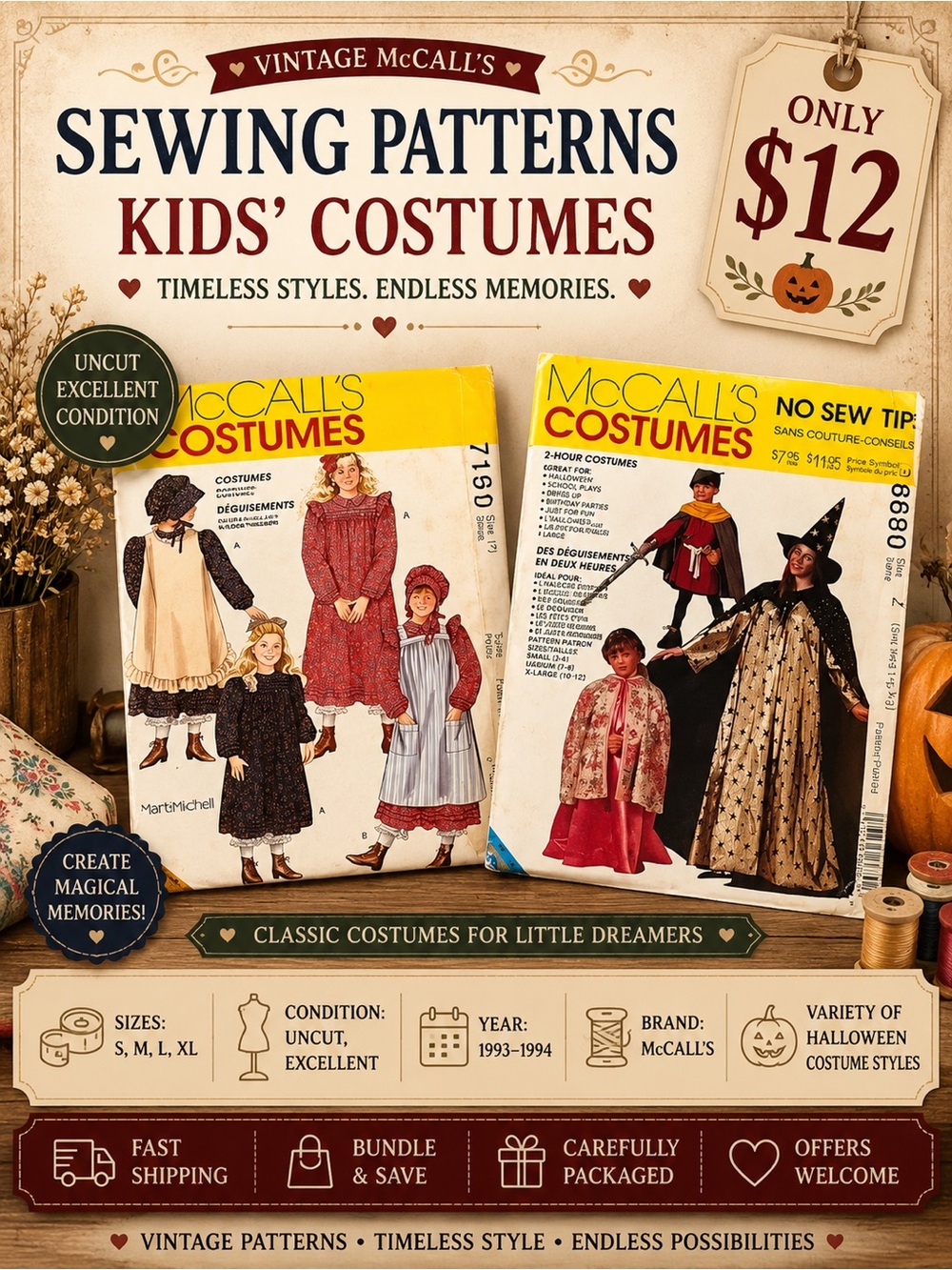 Vintage McCall's Kids Costume Patterns Uncut 1993-1994